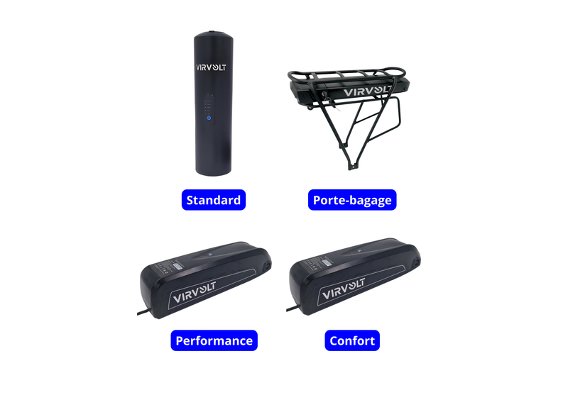 Les 4 batteries pour le kit Virvolt 900 : standard, performance, confort, porte-bagage